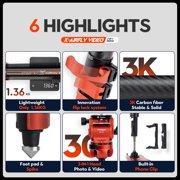 Fotopro X-Airfly Video 64.6 Carbon Fiber Tripod with Ball Head & Fluid Head, 5-Sec Lightweight Compact Camera Tripod Stand for Travel, Low Angel Shooting, Hidden Phone Clip, Max Load 10 lbs, Orange