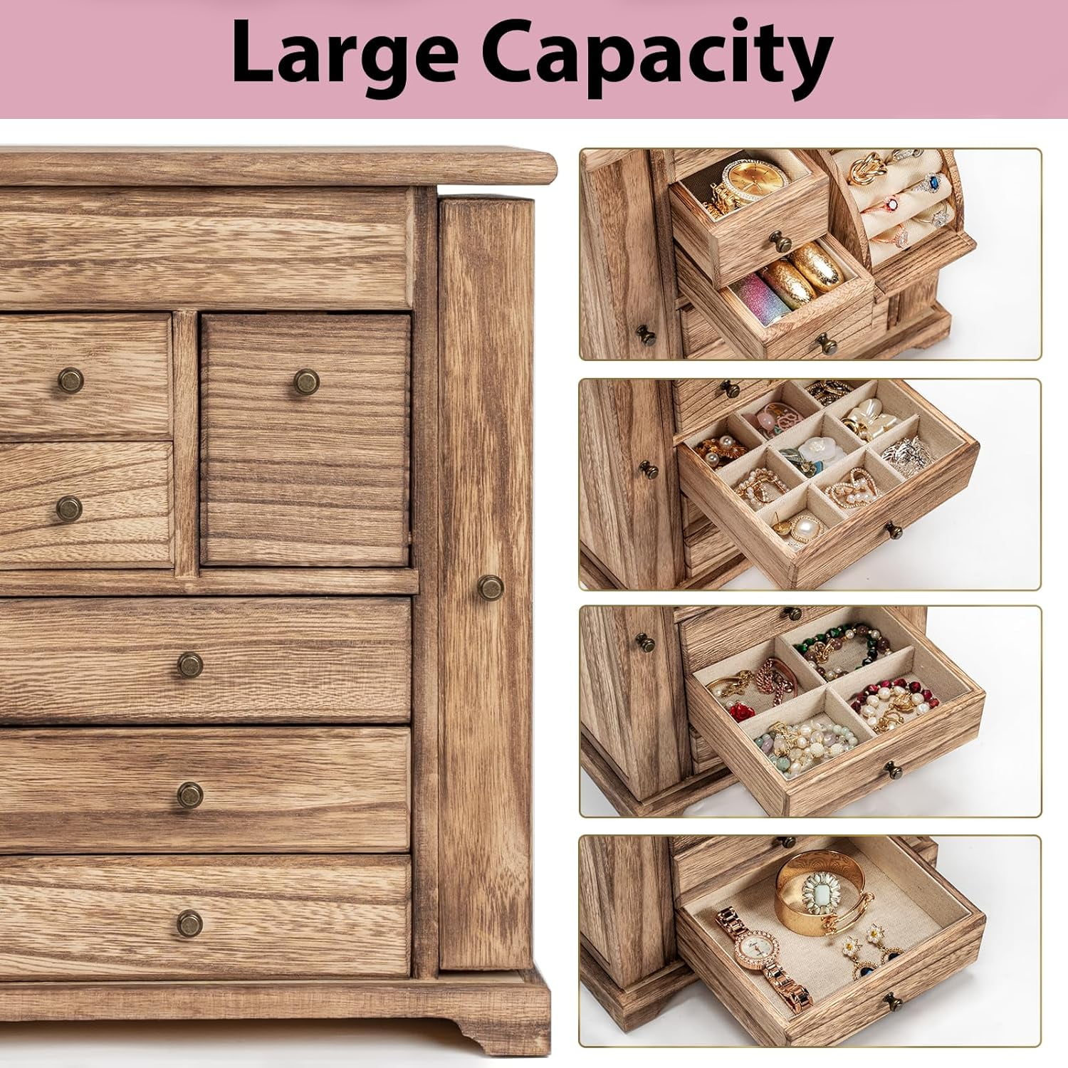Jewelry Box for Women, 6 Layer Rustic Wooden Jewelry Boxes