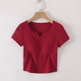 thumbnail image 2 of For Women's V-Neck Padded Short Sleeve T-Shirt - Slim Fit Ribbed Crop Top, Built-in Bra Yoga & Gym Workout Shirt, Casual Athletic Wear Red XL, 2 of 8