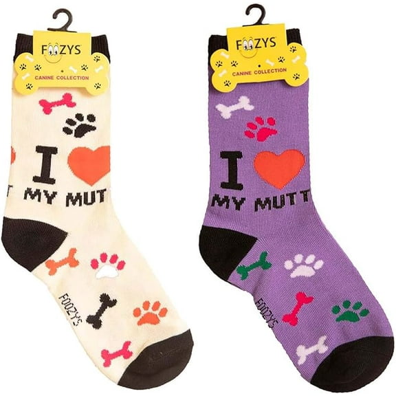 Foozys Unisex Crew Socks | Canine Rescue Dog Novelty Sock (2 Pair) | I Love My Mutt