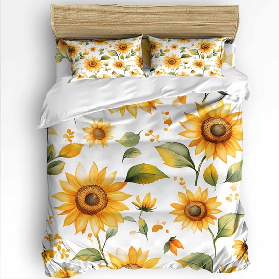 Sunflower King Size Comforter Set, Watercolor Spring Flowers Farm Soft Bedding for All Seasons, 4 Pcs Bed Set with 1Comforter (90"x106") ,1 Sheet(94"x116"), 2 Pillowcases (19"x35")