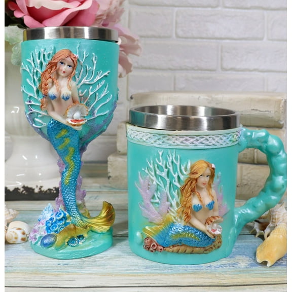 Ebros Nautical Turquoise Ocean Coral Reef Mermaid W/ Pearl Mug & Wine Goblet Set