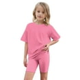 thumbnail image 4 of Spazoro Little & Big Girls Leisure Outfit Sets, 2-Pieces Summer Crew Neck Solid Color Short Sleeve Shirt and Shorts Sets Hot Pink Size 6 T, 4 of 9