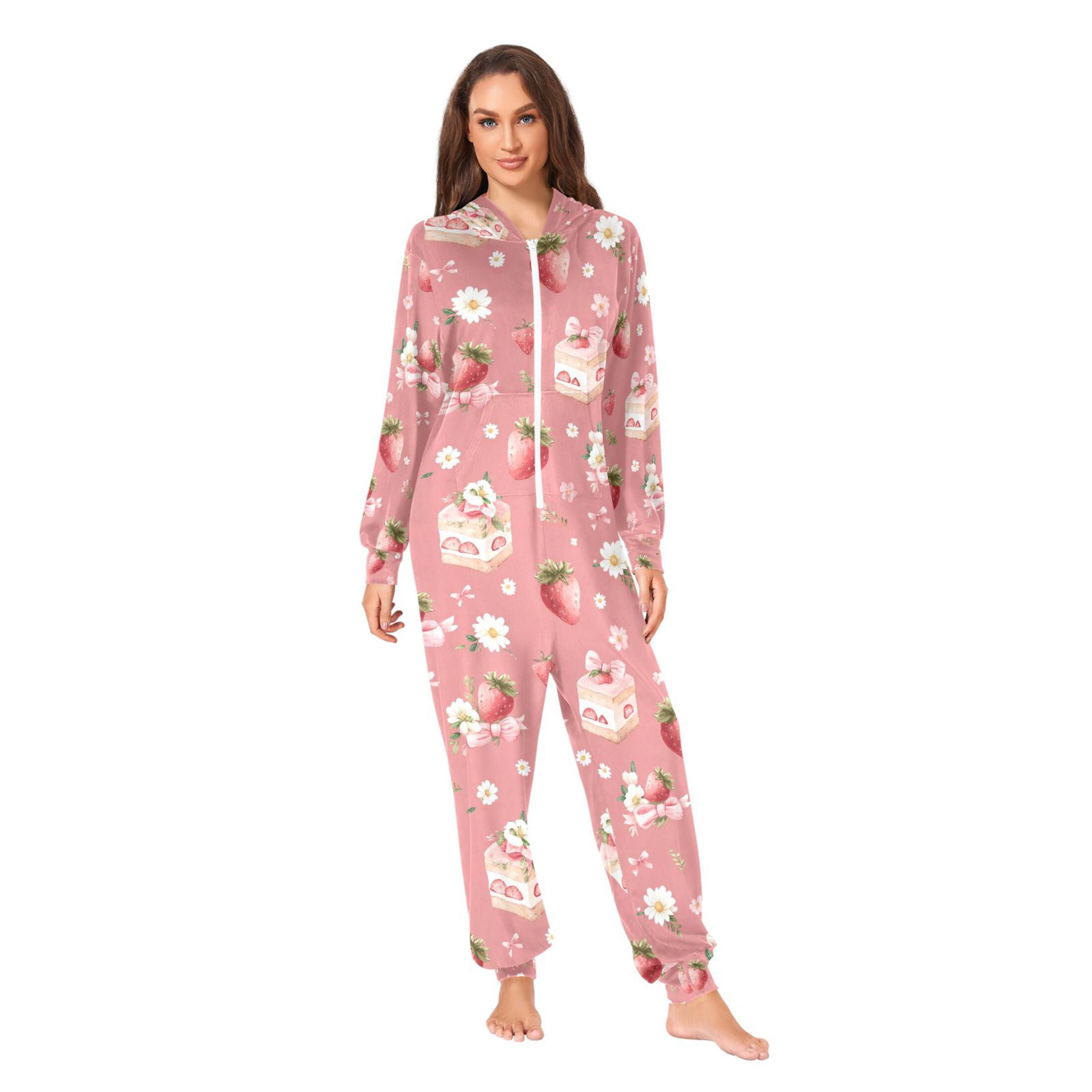 Adult Christmas Onesie Strawberry Cake Bow Pattern Adult Zipper One-Piece Pajamas Unisex Pajamas with Pockets