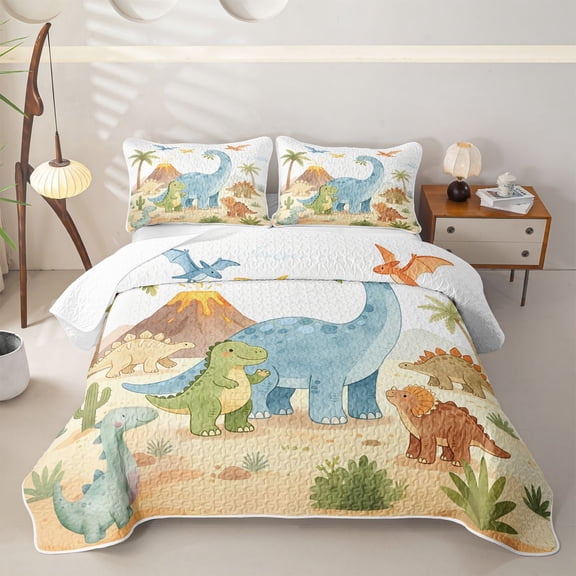 Homewish Cute Dino Family Twin Quilt Set,Jungle Animals Twin Coverlet Set,2 Pieces