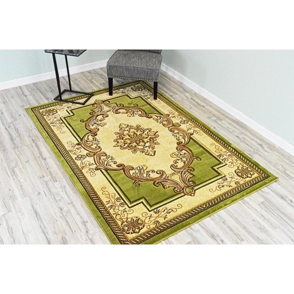 Glamour Thick Plush Oriental Area Rug - Traditional Floral Medallion Design, Green, 3'9"x5'3"