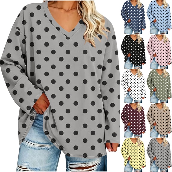Frostluinai Long Sleeve Shirts for Women Plus Size Polka Dot Print Tops Fall Loose Fit Casual Blouses V Neck Boho Basic Tees Fashion Clothes L-5XL