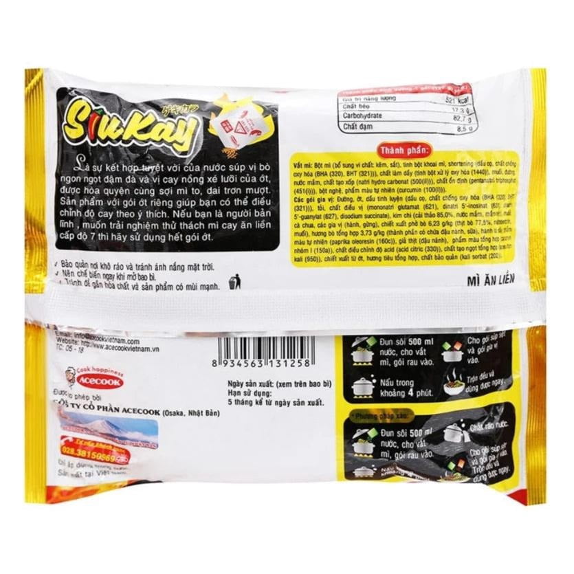 Acecook SiuKay Instant Noodles 127g - Spicy Beef Flavor, Extra Hot Chili Broth (Pack of 24)