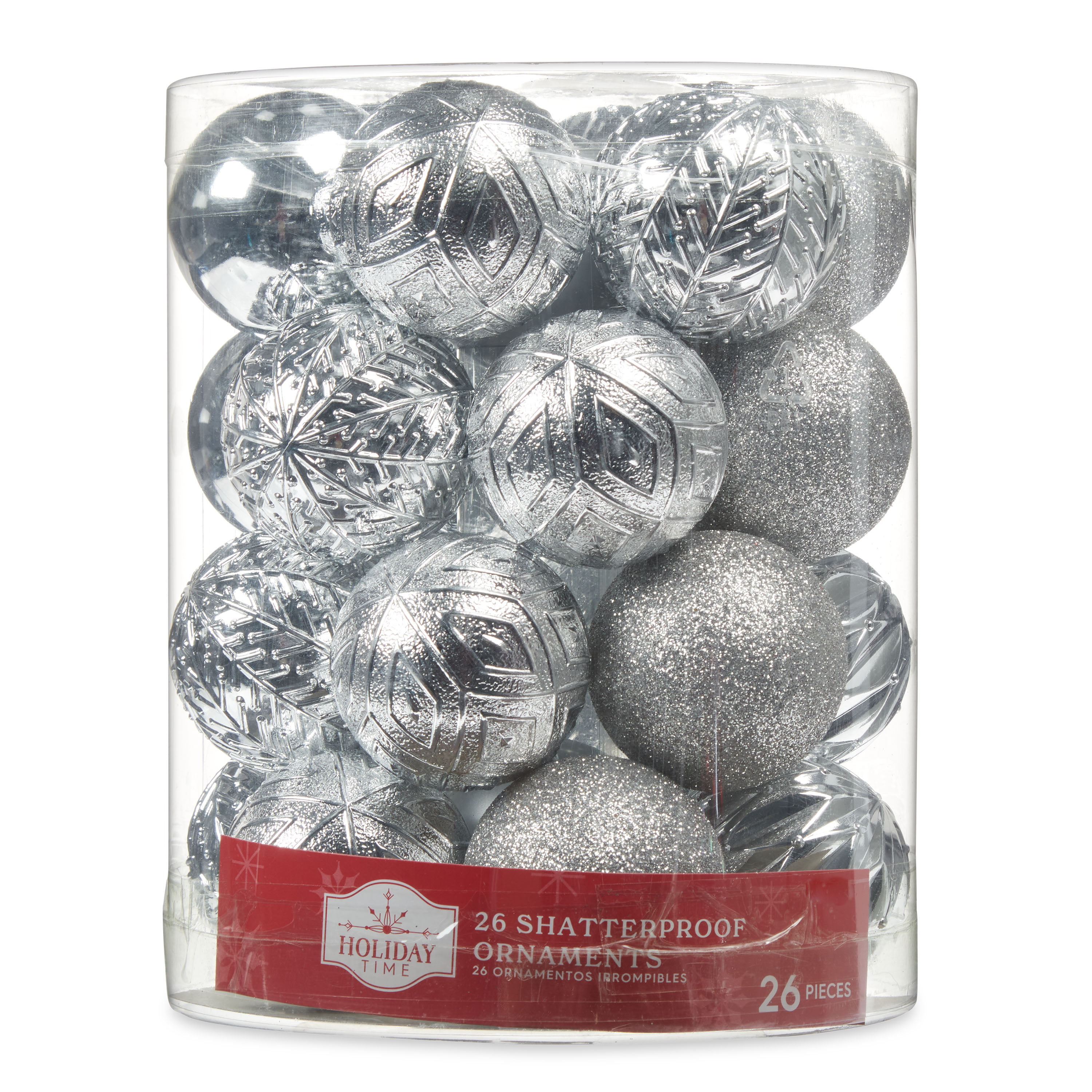 Holiday Time Silver Shatterproof Christmas Ornaments, 26 Count