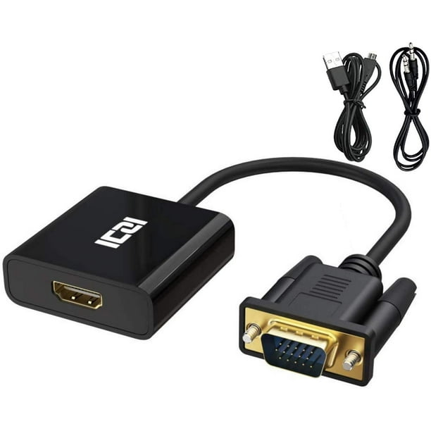 Adaptateur HDMI vers VGA, ICZI plaqué or HDMI femelle vers VGA mâle avec  prise audio 3,5 mm et port de charge micro USB, pour TV 