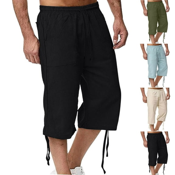 Liquidación DDAPJ pyju Mens 3/4 Cargo Pants Lightweight Outdoor Hiking Work Pants Elastic Waist Drawstring Capri Pants with Multi Pockets Army Green XXXL