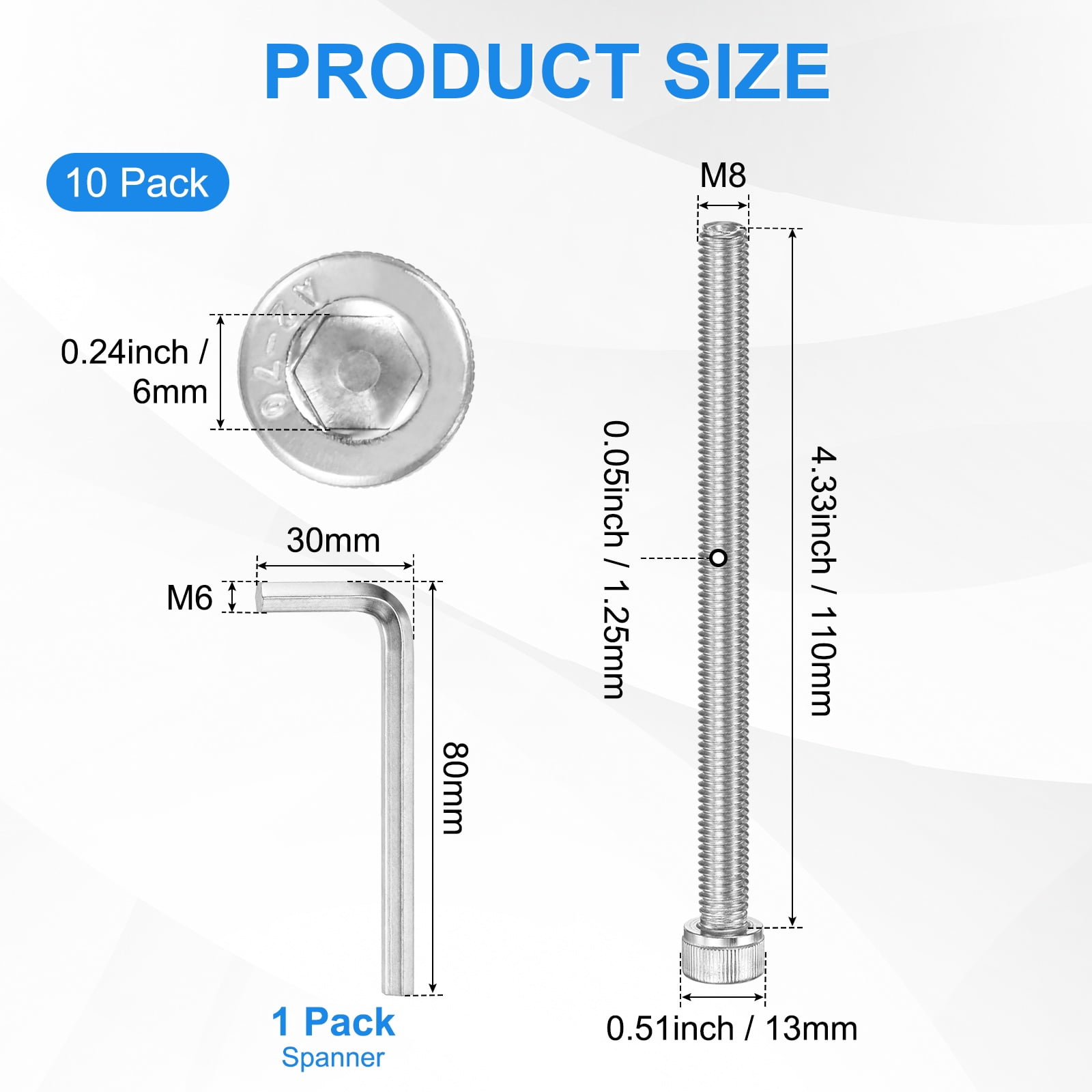 Uxcell 10-Pack M8 x 110mm Hex Socket Head Cap Screws Bolts, 304 Stainless Steel Machine Bolt Full Thread Precision Fasteners