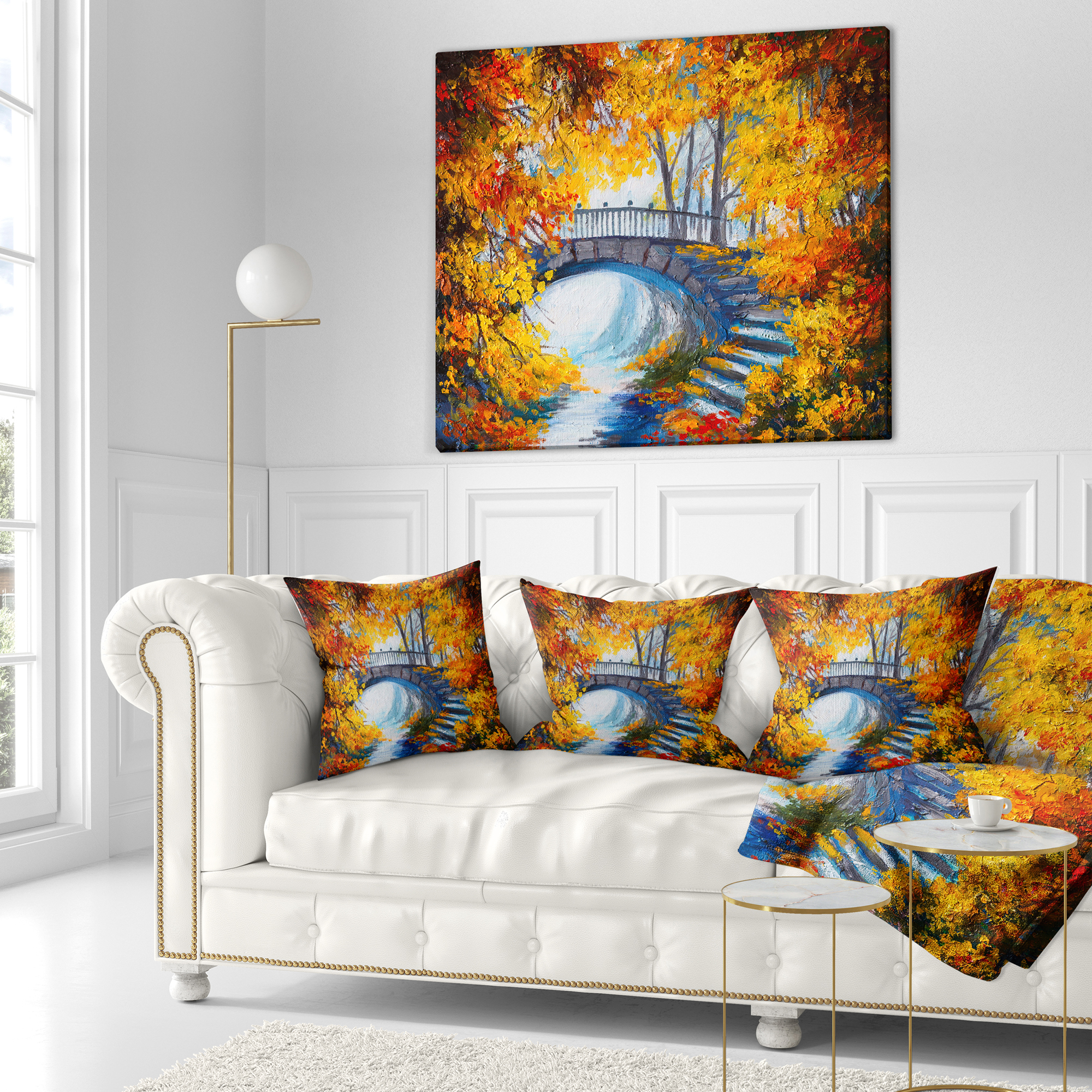Designart Fall Forest with a Bridge - Landscape Printed Throw Pillow - 18x18