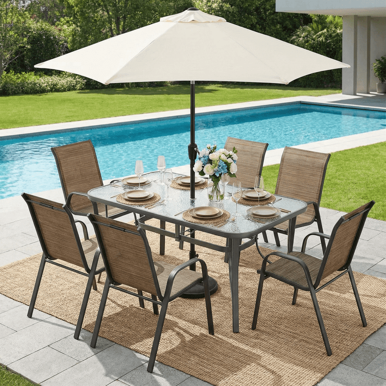 7 piece patio dining sets with umbrella TLSUNNY Outdoor Patio Dining Set of 7, Rectangular Dining Table with  Umbrella Hole and 6 Stackable Chairs, for Lawn, Deck, Poolside, Backyard