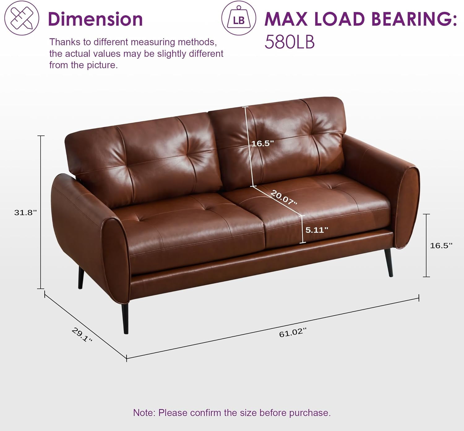 AODAILIHB 61" Mini Leather Arm Couch, 2 Seater Modern L-Shaped Sofa, Mid Century Modern Small Comfy Loveseat Sofa for Living Room, Bedroom, Office, Brown