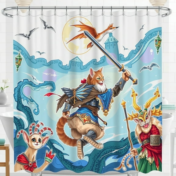 Whimsical Cat Shower Curtain - Fantasy Battle with Dragon & Friend - Light Blue Background