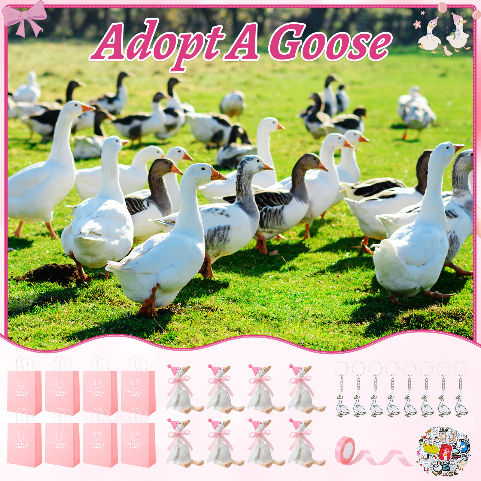 KABOER 81 Pcs Mini Goose Stuffed Animal Set, Included 8 Pcs 11.8'' Goose Plush Toys with Stickers, Keychains, Hats, Bags and Ribbons, Adopt A Pet Toys for Party Favor Supplies