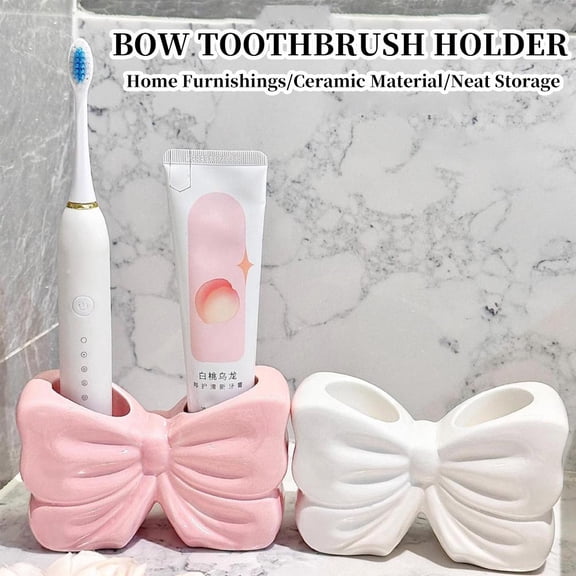 QHUDLV Bowtie Toothbrush Holder, Cute Ceramic Toothbrush Holder 2 Slots for Toothbrush and Toothpaste Organizer, Bow Shaped Toothbrush Holder for Bathroom Countertop Shower Vanity