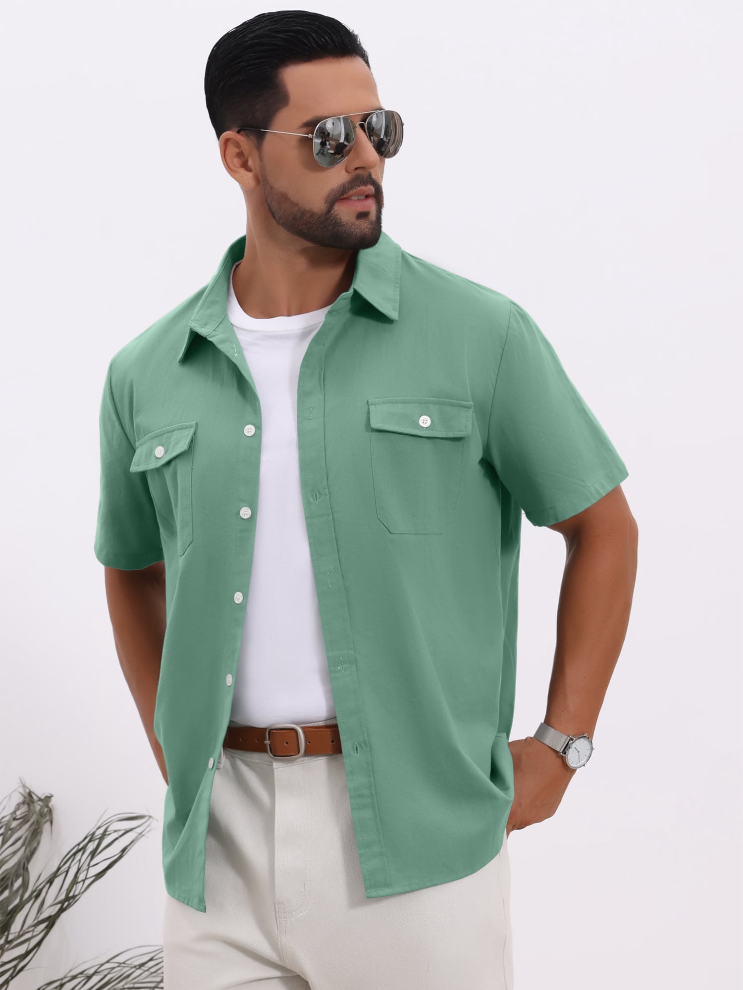 DARING DIVA Men's Linen Chest Pockets Short Sleeves Button Down  Shirt 2XL Green