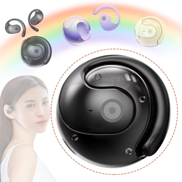Auriculares Bluetooth inalámbricos de latencia con ganchos para oreja abiertos, cómodos y con traducción de IA para reuniones de aprendizaje. Negro