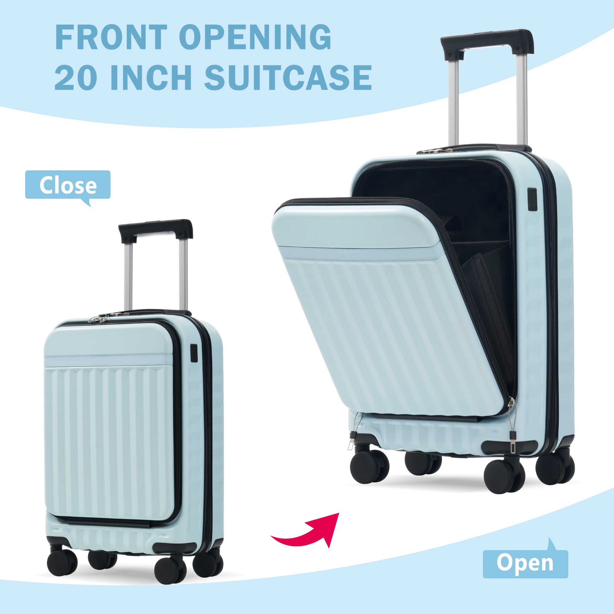 Euroco Luggage Sets 3 Piece,Front Opening Hardside Carry on Luggage with USB Port,Expandable Checked Suitcase with Bags,Spinner Wheels & TSA Lock for Travel,20"+24",Light Blue
