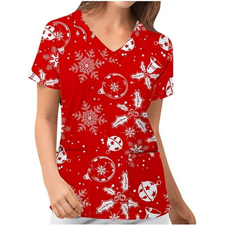 

SUWHWEA Christmas Gift Scrub Tops Christmas Fashion Women s V-Neck Casual Short Sleeve Printed Pockets Ladies Tops Blouse on Clearance