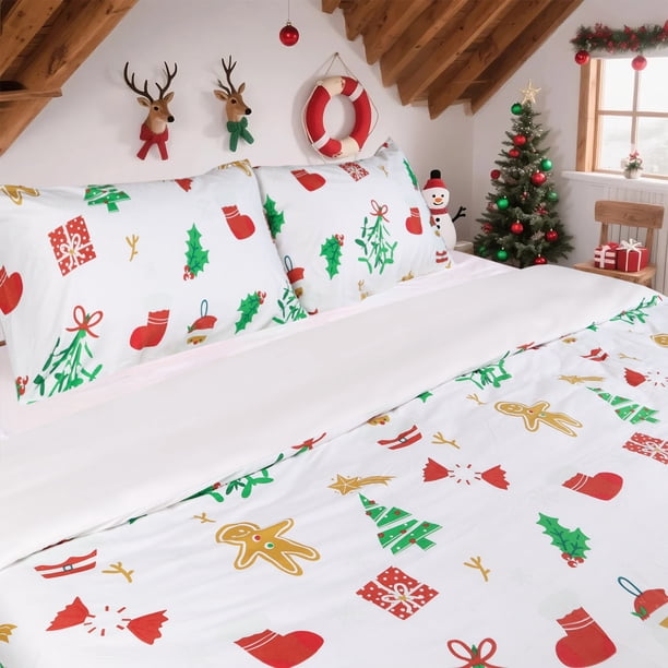 Hitime Funda Nórdica Navideña Tamaño King 3 Piezas - Microfibra Suave y Transpirable, Tema Festivo, Incluye 1 Funda Nórdica y 2 Fundas de Almohada