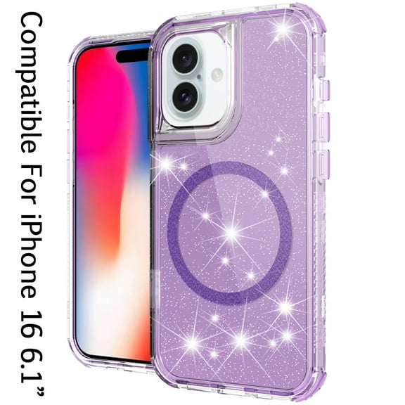 For Apple iPhone 16 (6.1") Magnetic Ring Circle Glitter Bling Sparkle 3in1 Hybrid [Compatible with Magsafe] Clear Shockproof Cover ,Xpm Phone Case [ Purple ]