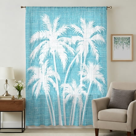 Tropical Palm Tree Sheer Curtains 45 Inches Long Vintage Aqua Exotic Botanical Plants Light Filering Curtains Breathable Simi Curtain Privacy Drapes for Kitchen Bathroom Window Treatment