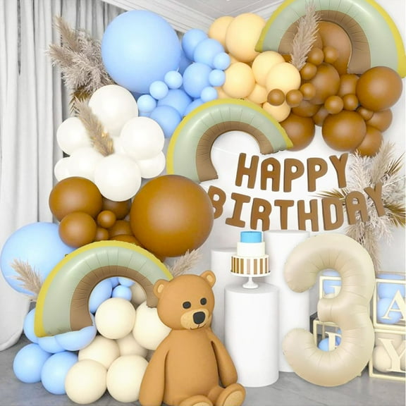 3rd Birthday Decor Set - Brown, Rice, Blue and White Childlike Style - Rainbow Number Balloons   Streamers   Latex Balloons Combination