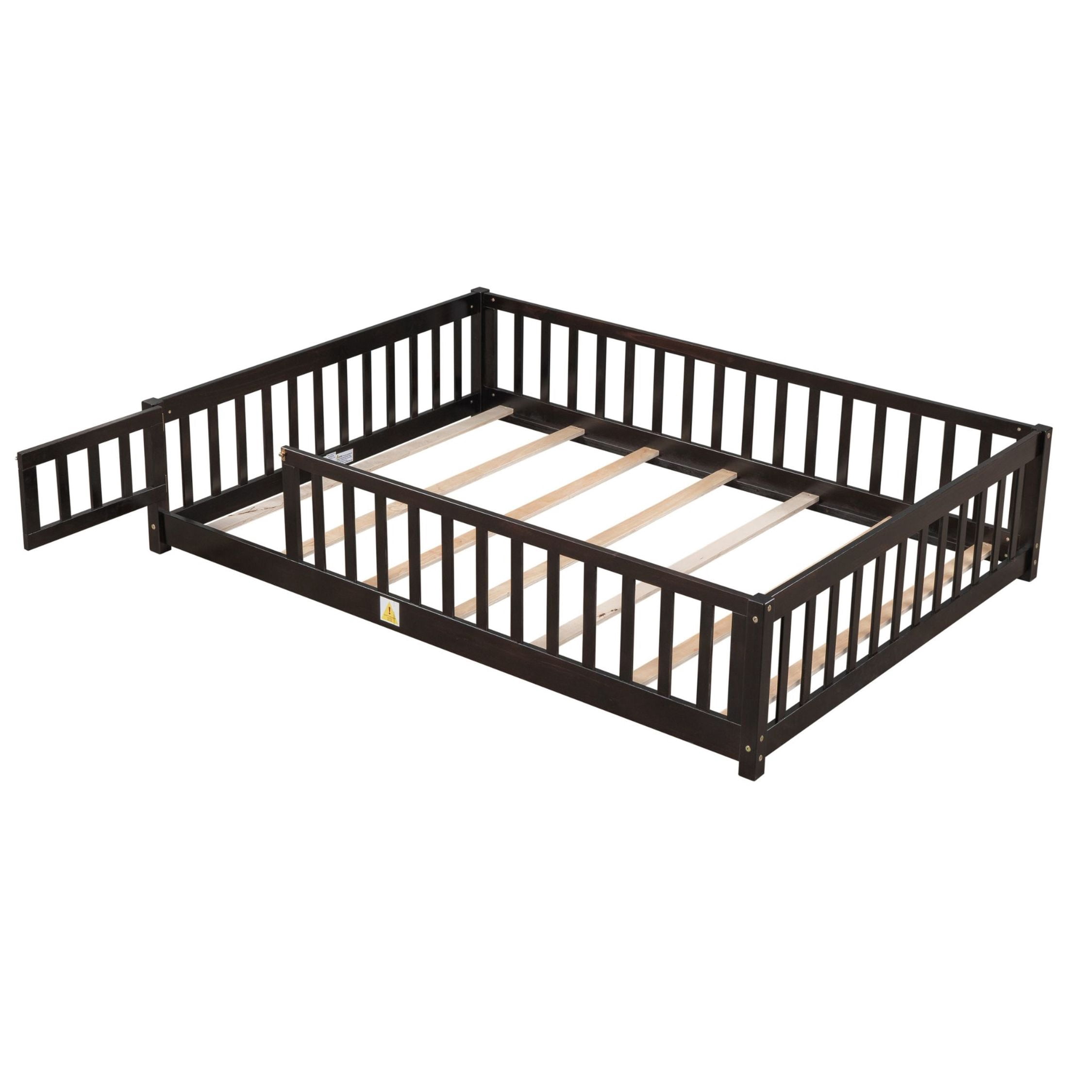 Noble House Corvel Full Size Rubber Wooden Floor Bed with Safety Guardrails & Latching Fence Door, Espresso