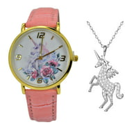 Unicorn Womens Lucky Talisman Gift Set Analog Wrist Watch & Unicorn Necklace Pendant. Pink Band.
