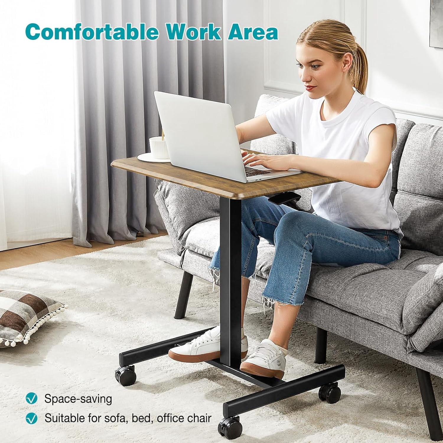 Small Standing Desk, Mobile Stand up Desks with Lockable Wheels, Adjustable Height, 26 Inch Portable Rolling Laptop Computer Desks for Home, Brown