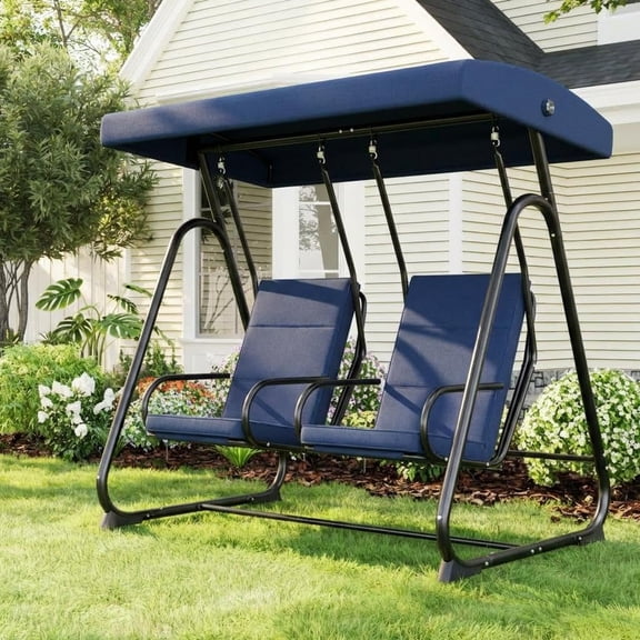 Danolapsi 2-Person Outdoor Patio Swing Chair with Adjustable Canopy, High Back, Removable Cushions, Heavy Duty Independent Seats, Glider Bench for Garden, Balcony, Poolside, Backyard