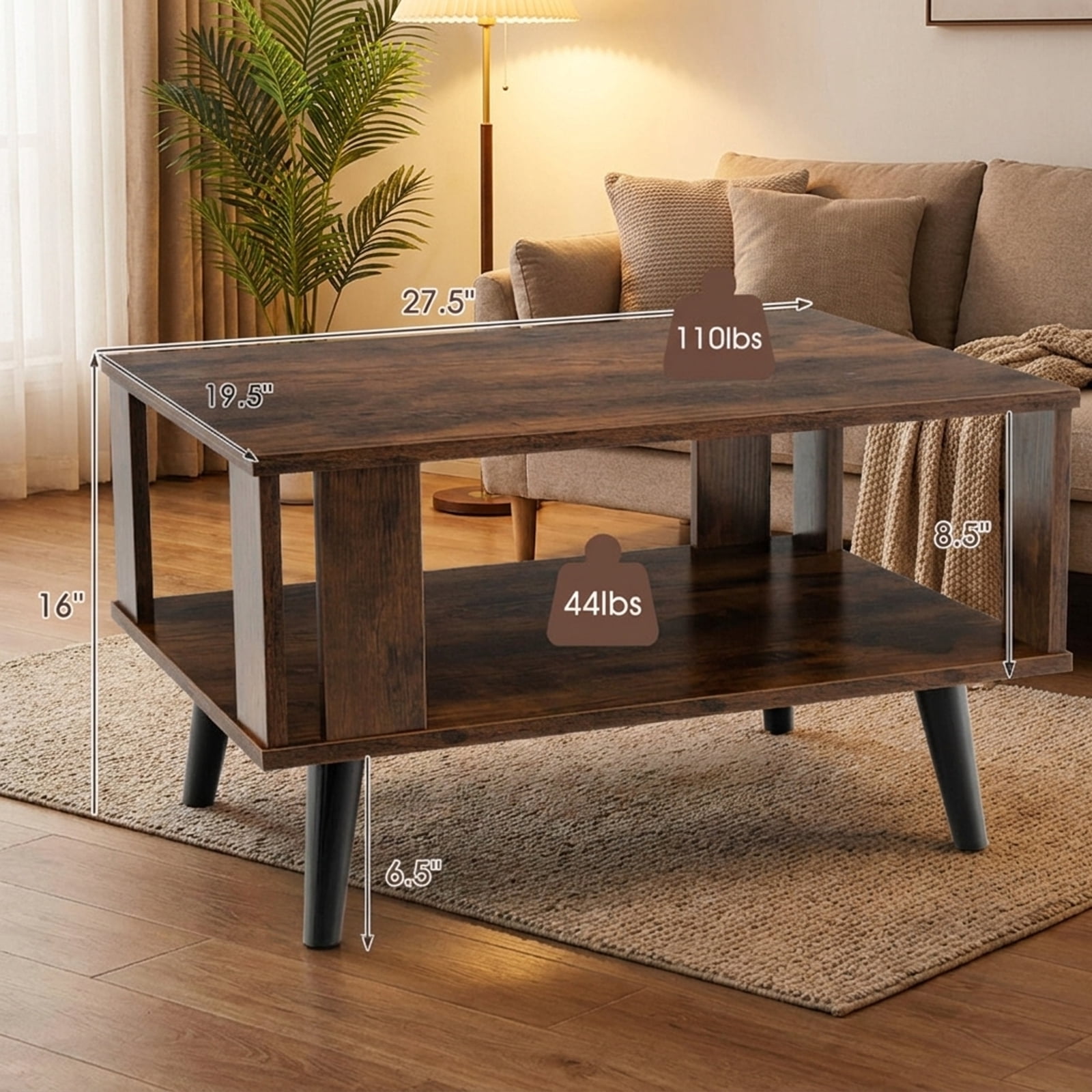 Furnibear Compact Retro Mid-Century Coffee Table with Storage Open Shelf - Rustic Brown - Living Room Cocktail Center Table