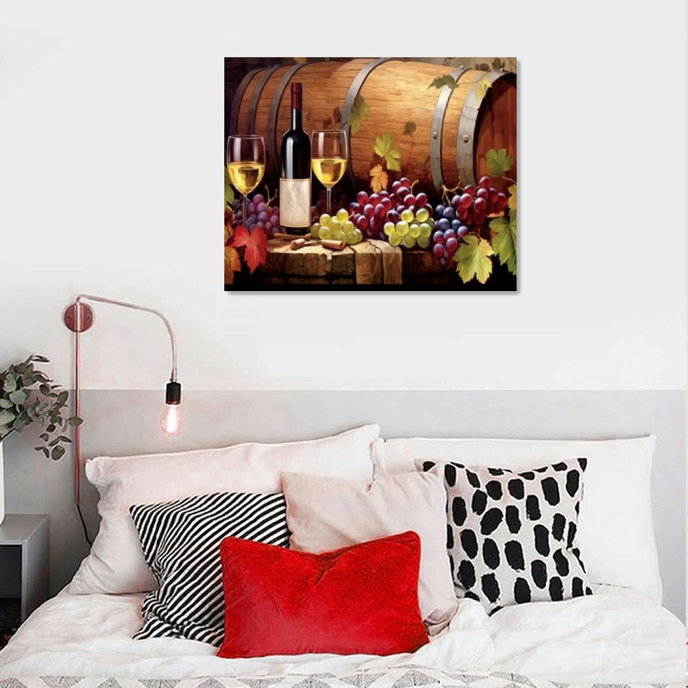 COMIO  Wine Wall Art Canvas Kitchen Wine Picture Prints Grape Barrel Painting Red Wine Glass Artwork Prints for Home Kitchen Dinning Room Bar Wine Cellar Decor