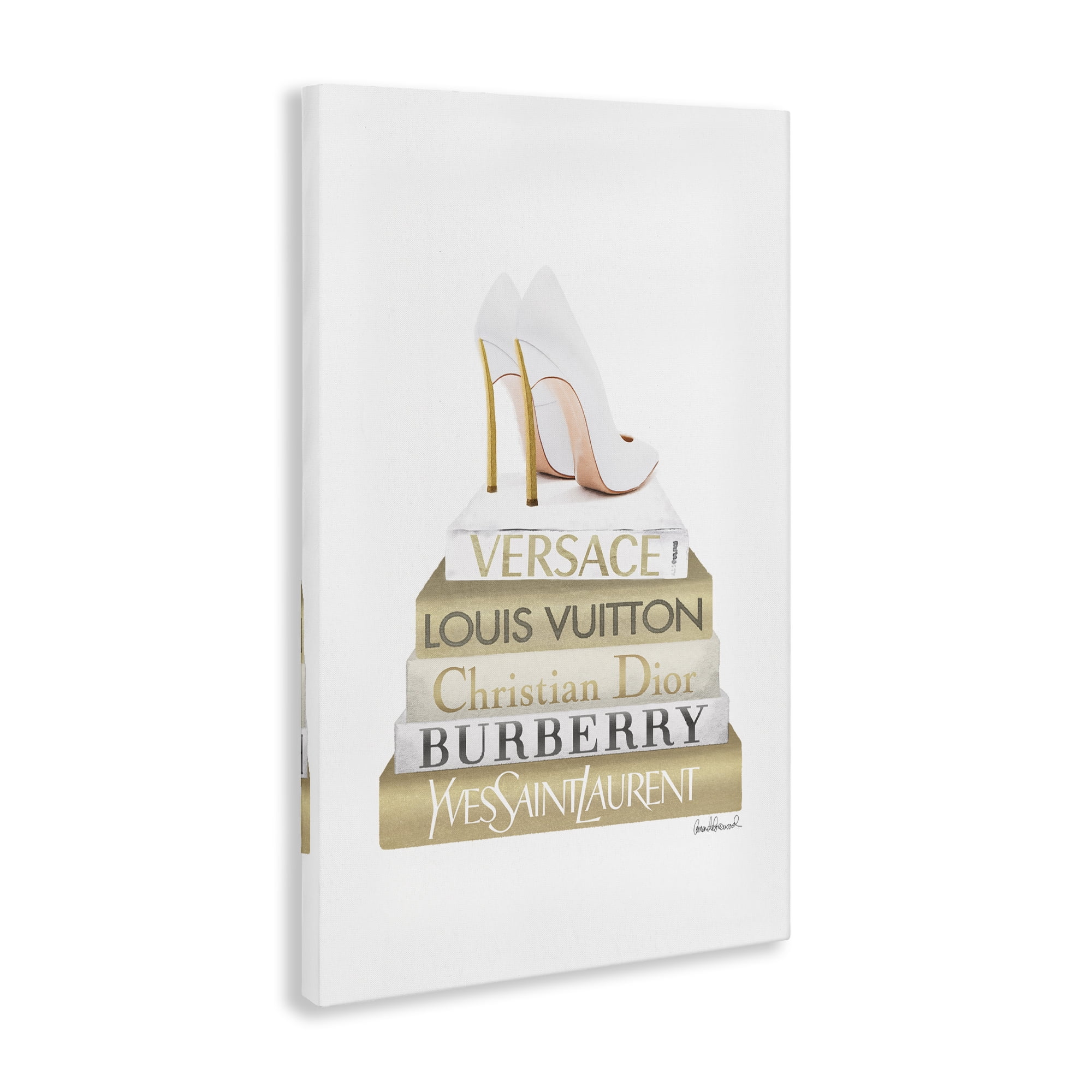 Stupell Industries Gold & White Book Stack Fashion Painting Wrapped Canvas Art Print Wall Art, 30 x 45