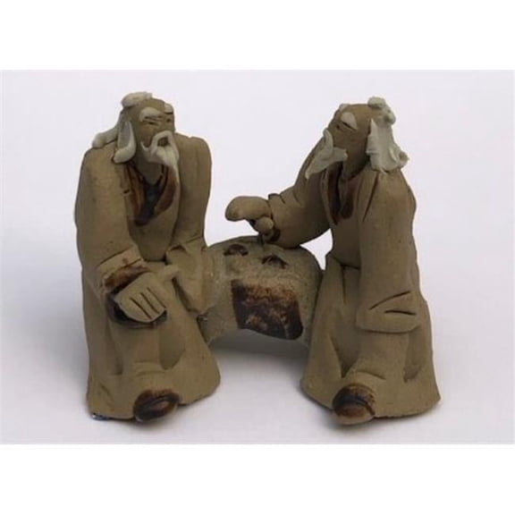 2 in. Two Mud Men Sitting on a Bench Playing Chess Ceramic Figurine