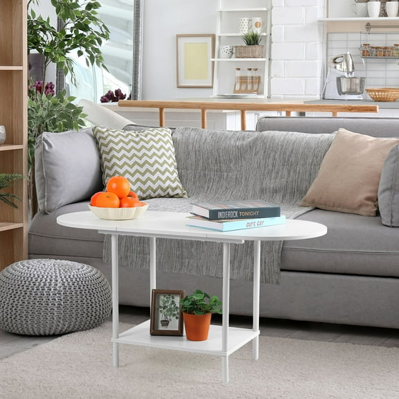 Living Room Coffee Table, 2 Tier Small Oval Center Table Industrial Modern Style Coffee Table with Storage Shelves and Wooden Tabletop For Small Spaces Home Office with Splicing Panel white