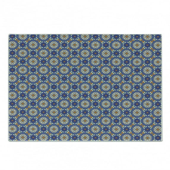 Geometric Cutting Board, Flower Portuguese Azulejo Pattern Oriental Influences, Decorative Tempered Glass Cutting and Serving Board, Small Size, Violet Blue Orange Green, by Ambesonne