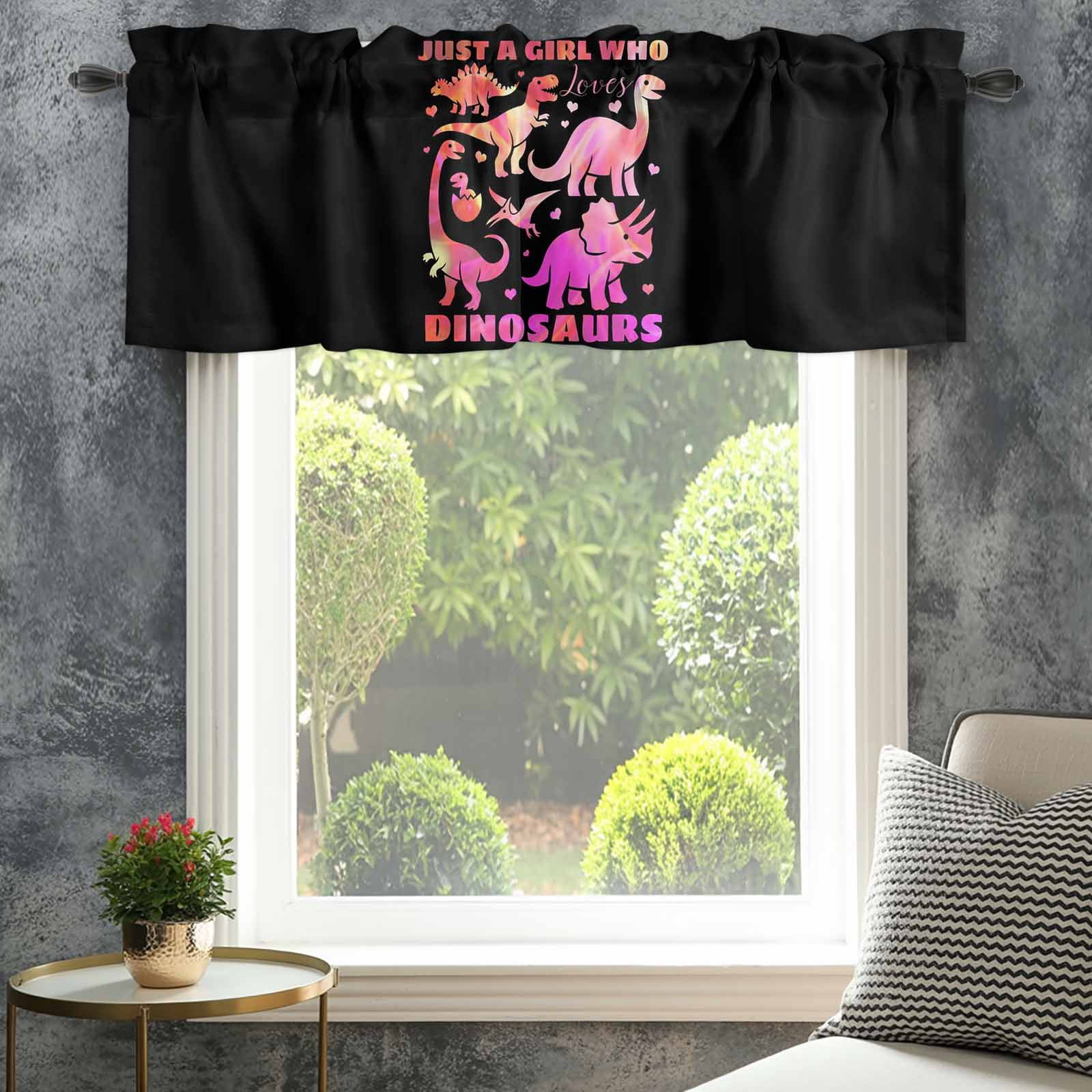 Pink Dinosaur Farmhouse Short Window Curtain Valances, JUST A Boy Who Loves Dinosaur Jungle Animals Rod Pocket Kitchen Valances for Living Room Bedroom Bathroom Cafe 42" x 18"