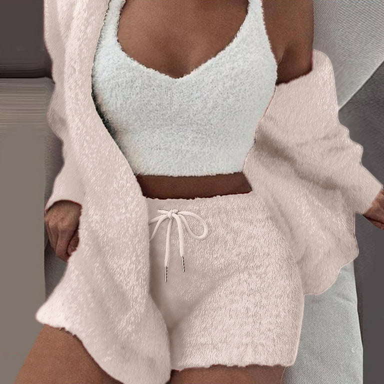 Noarlalf Pajama Sets for Women 2 Piece Womens Pajama Sets Lounge Sets for Women Winter Plush Home Fur Casual Coat Shorts Tank Top 3 Piece Set White XL Walmart