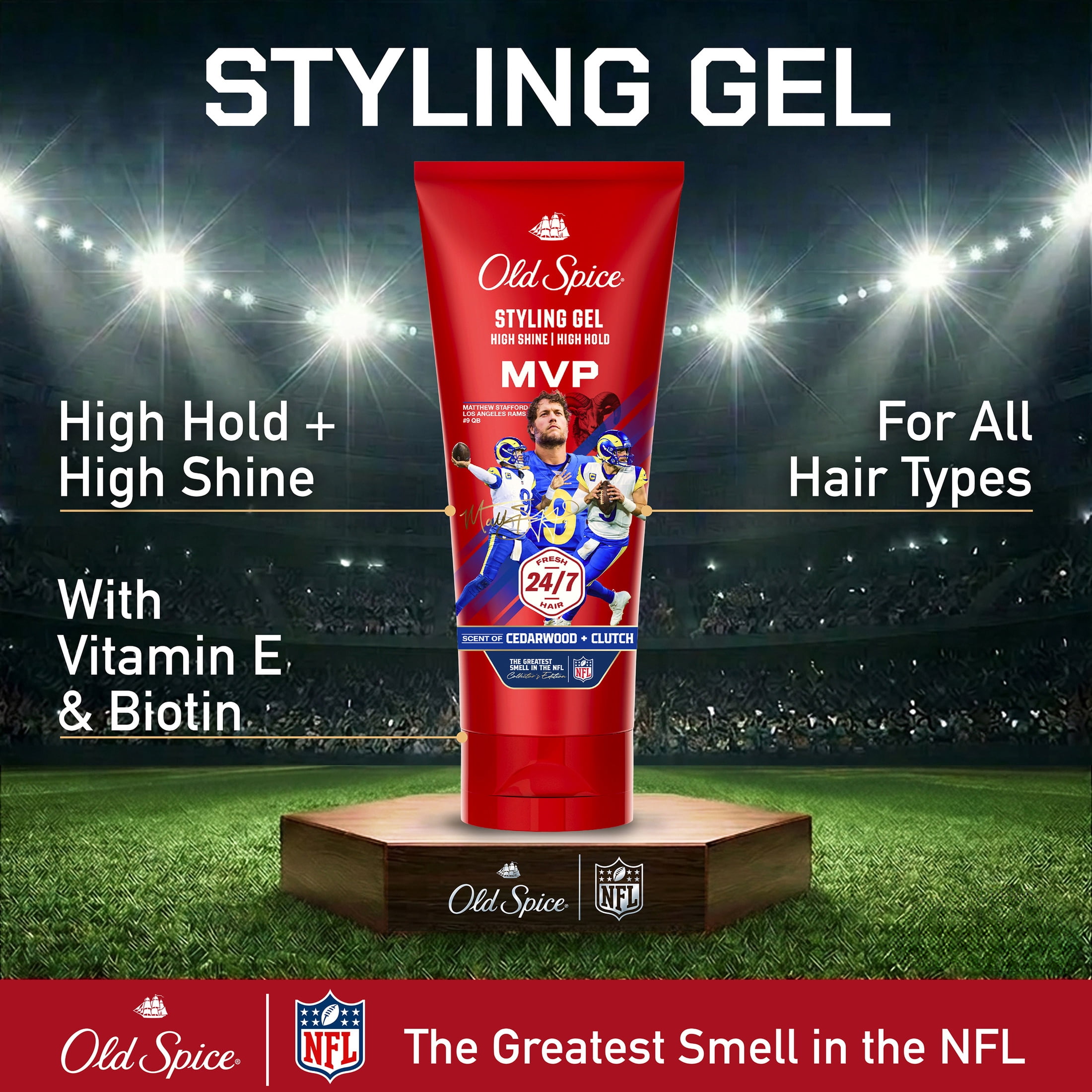 Old Spice MVP Mens Styling Hair Gel, High Hold, with Vitamin E & Biotin, NFL Collection, 6.7 fl oz
