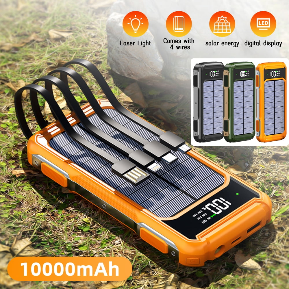 Solar Charger 10000mAh High Capacity Solar Power Bank with Built-in USB C & USB Input Cables, Fast Charge Portable Phone Charger with 4 Outputs & 2 Inputs for iPhone Samsung Tablet