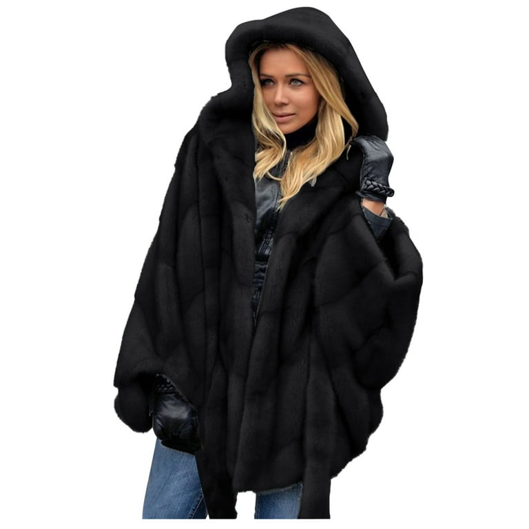labakihah coats for women women's -fur' winter plus size elegant solid  color batwing sleeve fur' coat warm outerwear tops temperament coat hooded 