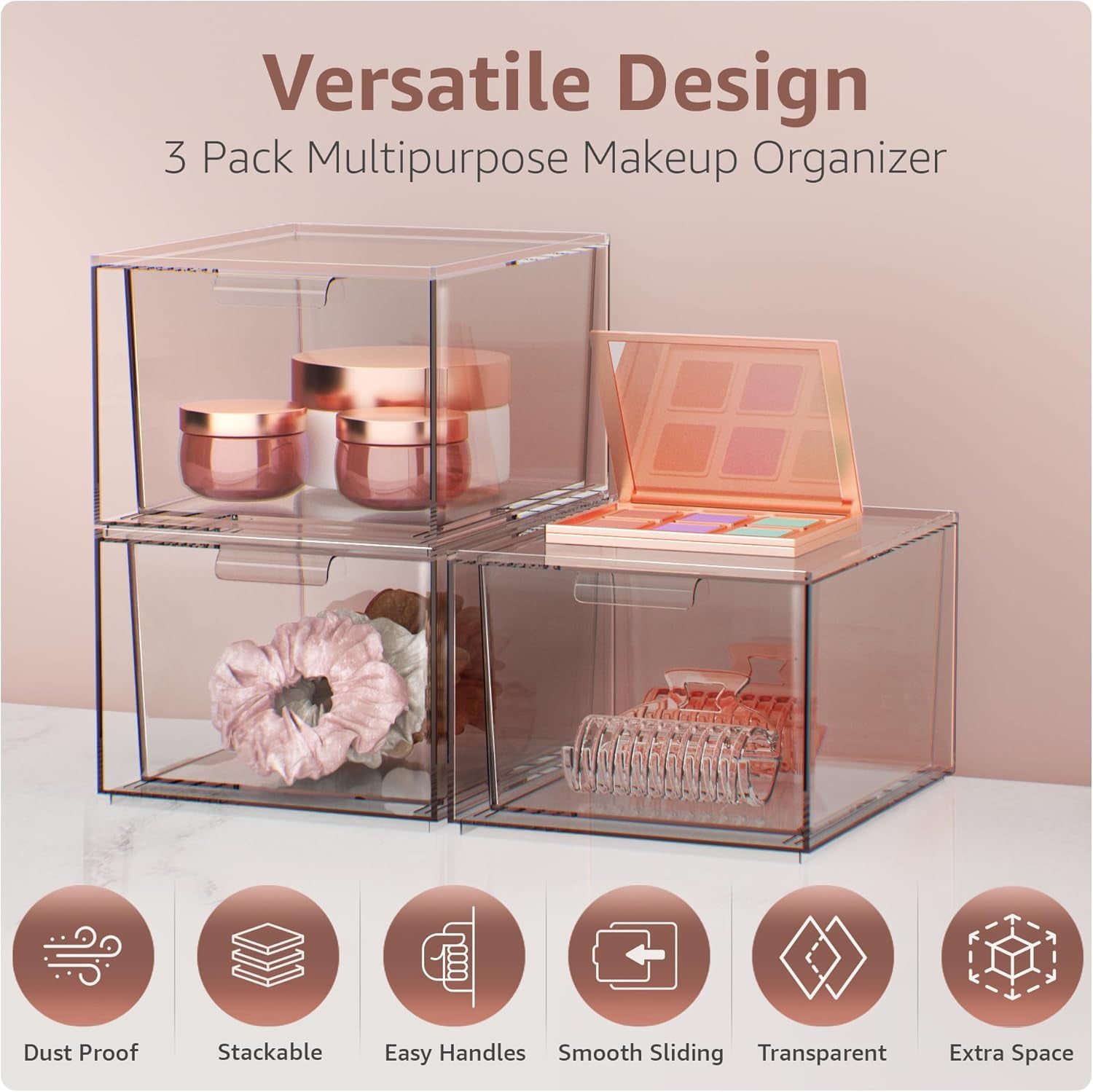 Sorbus 3-Pack Clear Acrylic Makeup Organizer – Stackable Plastic Drawer Storage Bins for Vanity, Bathroom, and Cosmetic Organization