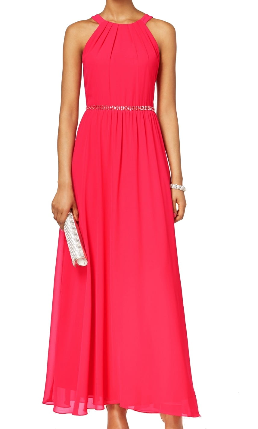 SLNY SLNY NEW Pink Womens Size 12 BowBack Chiffon Beaded Halter Maxi