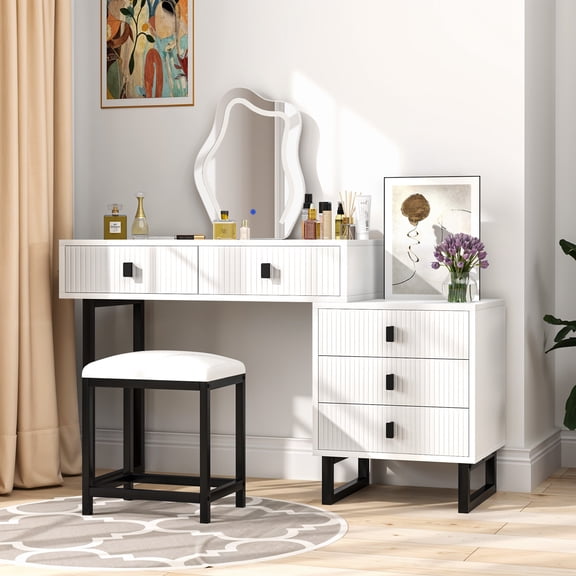 DEXTRUS 5 Drawers Glamourous Makeup Vanity with Lighted Mirror, Power Strip and Nightstand Ideal for Women
