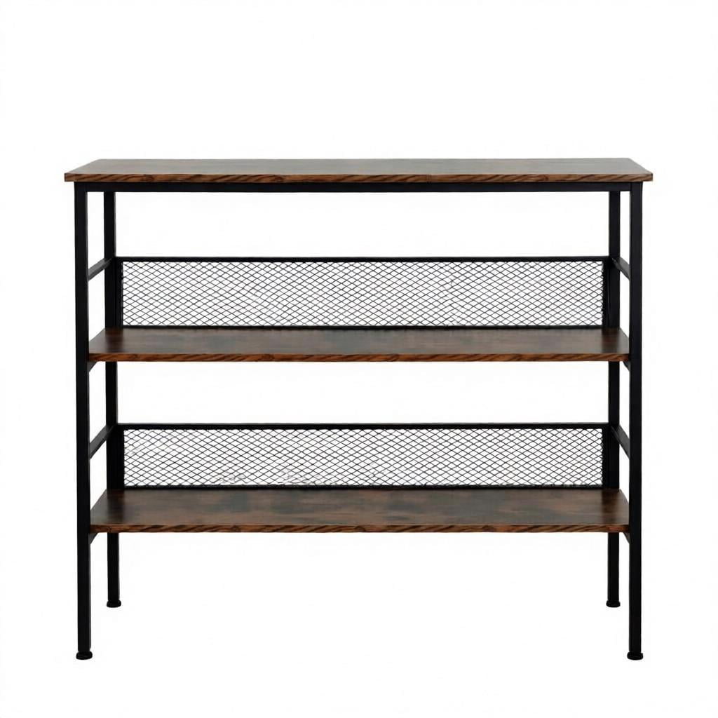 3-Tier Industrial Open Storage Shelving Unit, Brown & Black Standing Display Rack with Anti-Fall Metal Back Panels, Adjustable Feet Organizer for Living Room Study