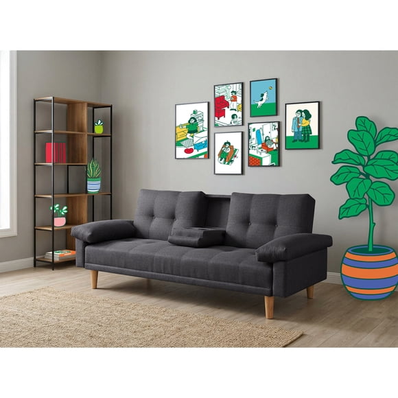 Sofá Cama De Lino Gris Oxford Modelo Hendrix Makora Con Portavasos